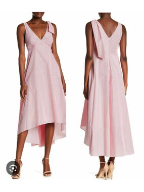 Nicole Miller NY Red White Seersucker High-Low Midi Dress Bow Shoulder Sz 14